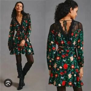 Anthropologie Lacy Vibrant Floral V-Neck Mini Lined Dress Cottagecore